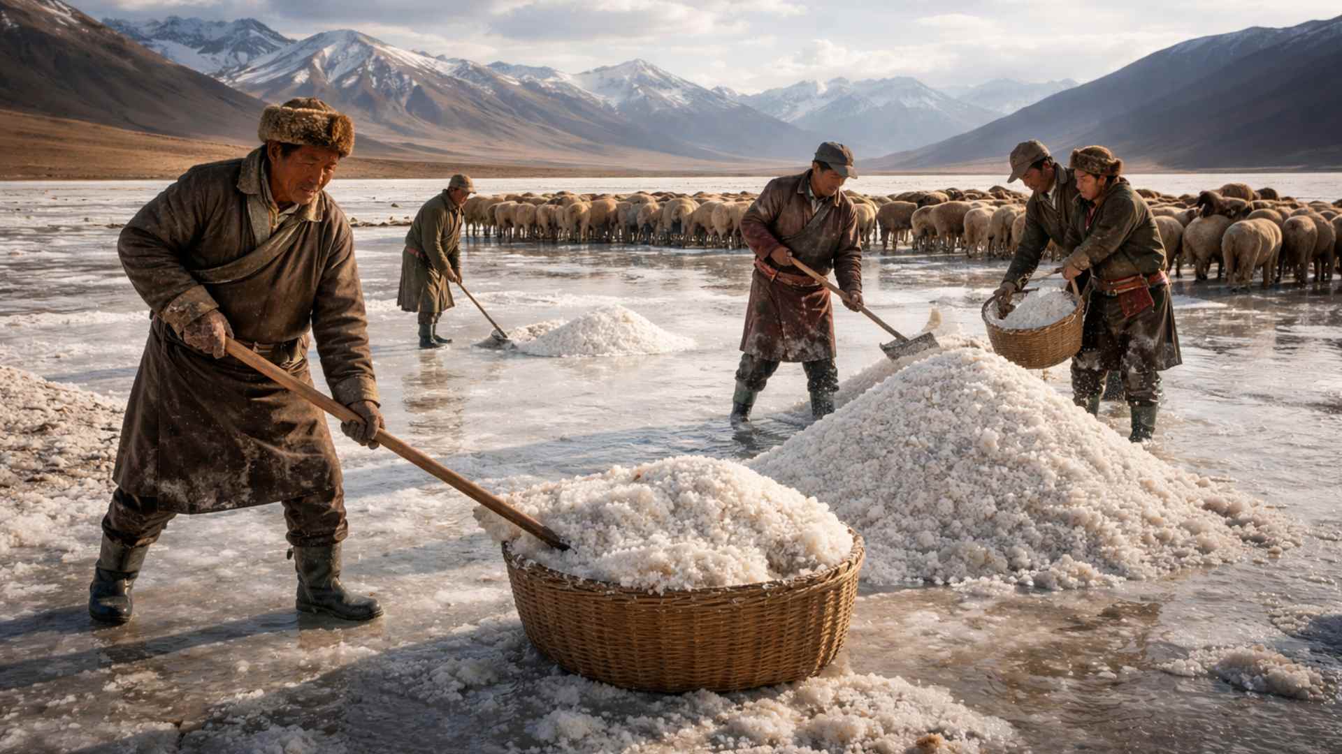 Salt collected by hand from the shallow lakes of Dakzong